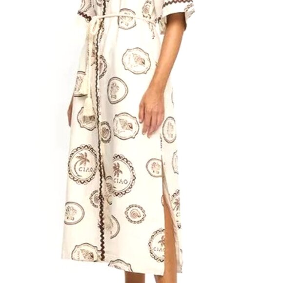 WOMENS SHORT SLEEVE MIDI DRESS LINEN AND POLETER BUTTON DOWN CIRCLE PRINT DRESS - Picture 6 of 6